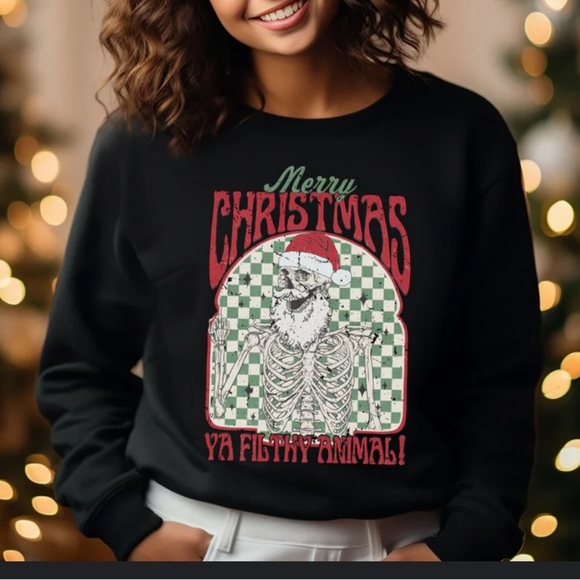 Deluxe Tops - Merry Christmas Ya Filthy Animal Skellie Unisex Crewneck Sweatshirt black large